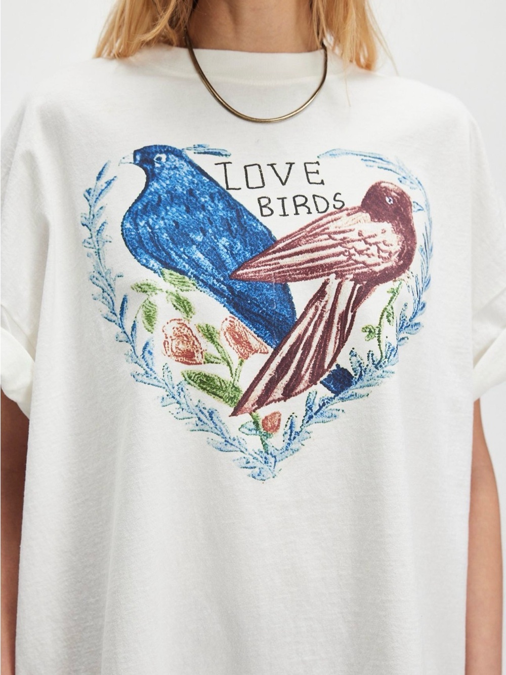 Free People 'Love Birds' Graphic Tee in White with Blue & Brown Birds